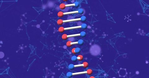 Twisting stylized DNA double helix with glowing molecular network backdrop