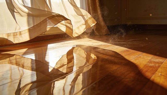 Sheer curtains drifting across sunlit hardwood floor with glowing dust motes