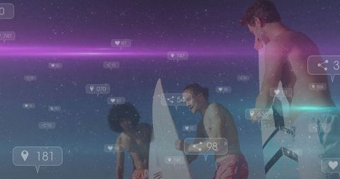 Surfers on Beach Interacting with Social Media at Twilight