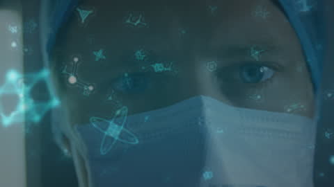 Doctor Analyzing Molecular Data with Futuristic Holograms