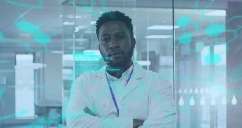 Confident Scientist Standing in Modern Laboratory with Holographic Data and Hexagonal Graphics