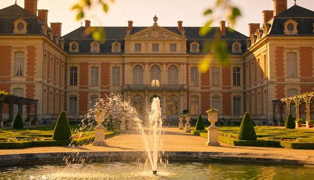 Neoclassical chateau garden featuring central fountain, formal parterres and topiary at golden hour