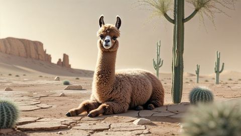 Fluffy alpaca resting among cacti in arid desert landscape