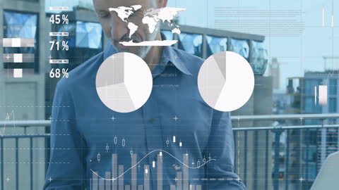 Business Technology Visualization Overlay on Busy Professional