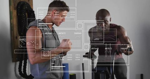 Digital Fitness Tracking: Two Men Analyzing Workout Data at Gym - Download Free Stock Images Pikwizard.com
