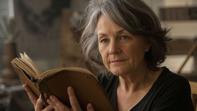 Contemplative senior woman reading worn hardcover journal in cozy home interior