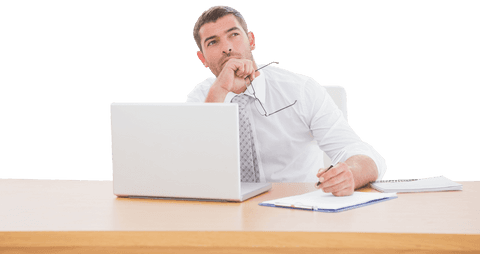 Thoughtful Businessman Contemplating Work at Desk on Transparent Background - Download Free Stock Videos Pikwizard.com