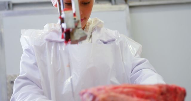 Female Butcher Using Bandsaw Machine in Meat Factory - Download Free Stock Images Pikwizard.com