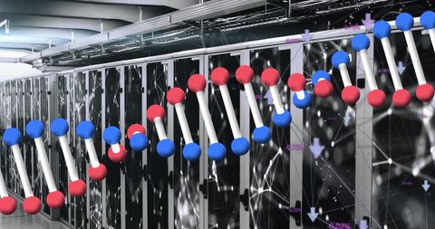 DNA Structure Concept Overlaid on Data Storage Servers