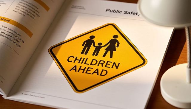 Displaying children ahead yellow road sign on open magazine page with lamp and wooden desk
