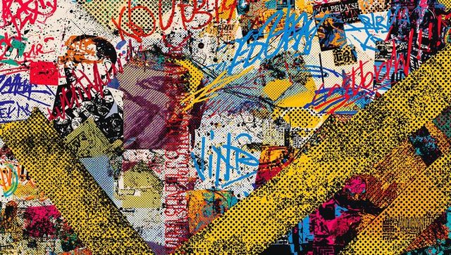 Yellow halftone stripes crossing urban pasteup collage, layered graffiti wheatpaste texture