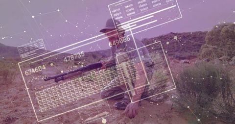 Desert tactical training with hud overlay guiding kneeling shooter aiming rifle