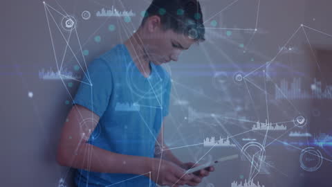 Boy Using Tablet with Digital Data and Interfaces Overlay