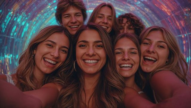 Group of friends taking selfie inside vibrant light tunnel at night
