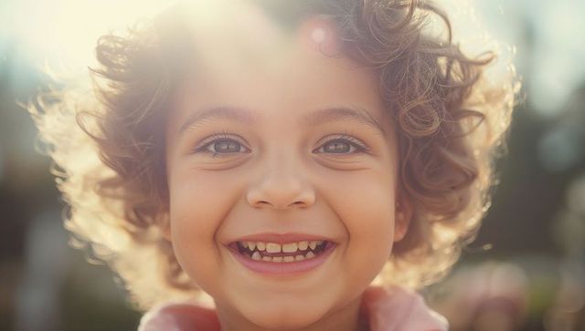 Smiling Child with Curly Hair in Sunlit Garden