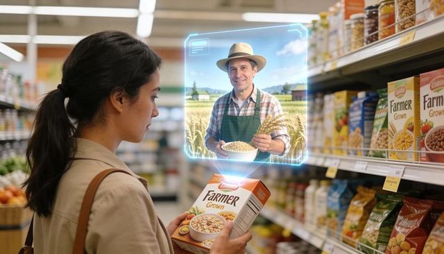 Shopper using augmented reality to view farmer profile while reading cereal label