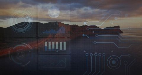 Rocky headland silhouette at dusk with futuristic hud overlay and data graphs