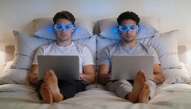 Two men typing on laptops in bed wearing blue led glasses and casual t-shirts at night
