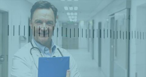Doctor in Hospital Corridor with Stethoscope and Clipboard