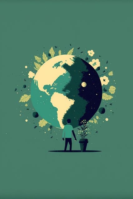 Man admiring globe with plants and flowers overgrowing, created using generative ai technology. Earth day and ecology concept digitally generated image.