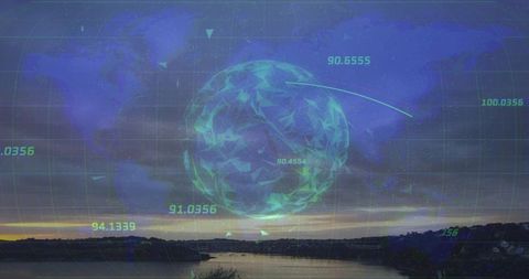 Projecting teal holographic sphere over river at sunset with futuristic hud grid overlay