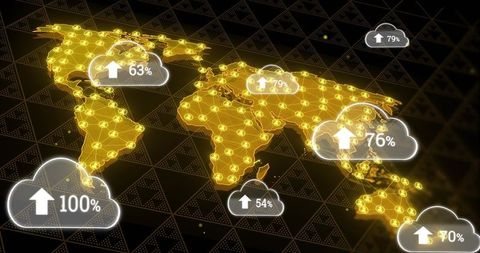 Displaying glowing world network map with cloud percentages and holographic interface