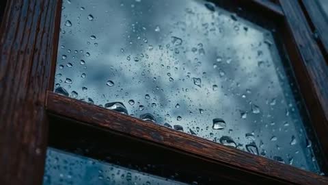 Raindrops Sliding Down Wooden Window Pane on Cloudy Day