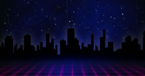 Futuristic Cityscape Against Starry Sky with Grid Overlay