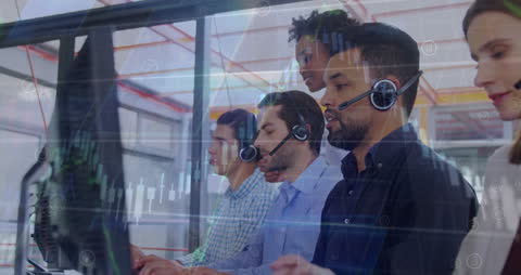 Diverse Business Team Analyzing Market Data with Headsets
