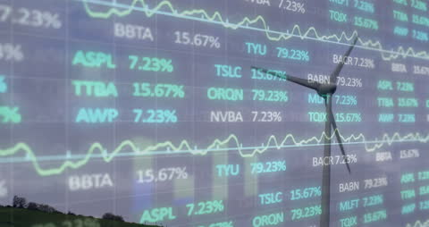 Animated Stock Market Data Over Wind Turbine Visualizing Renewable Investments