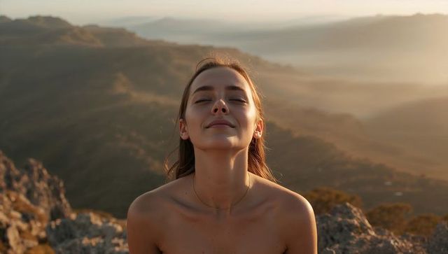 Young Woman Breathing on Mountain Ridge at Sunset, Eyes Closed, Golden Hour Calm
