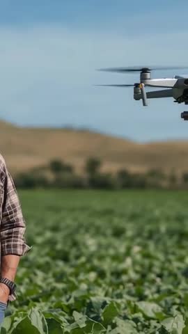 Vertical Drone Monitoring Crops While Farmer Inspecting Field for Precision Agriculture