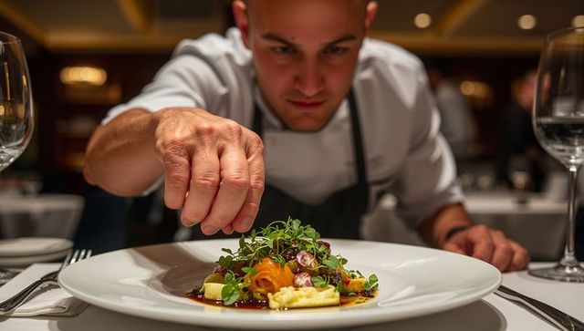 Chef garnishing gourmet dish in elegant restaurant setting