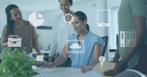 Business Team Discussing Financial Data with Tech Overlays