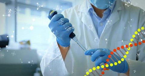 Gloved scientist pipetting liquid in lab coat with dna helix overlay for biotech research