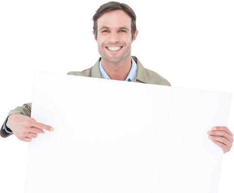 smiling delivery man pointing at blank transparent billboard - Download Free Stock Videos Pikwizard.com