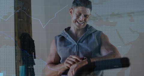 Fit man checking smartwatch during treadmill workout with fitness analytics overlay
