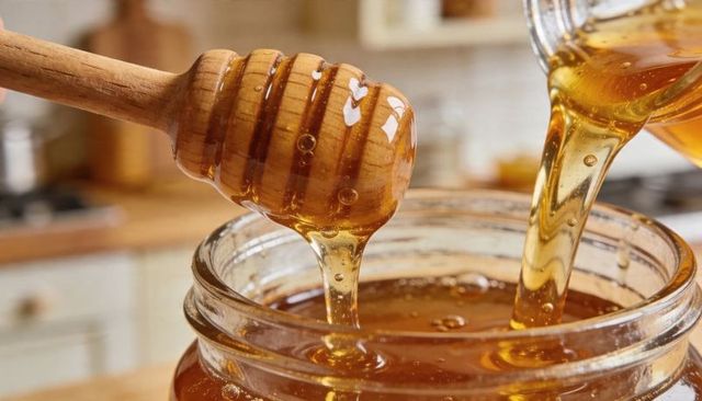 Golden honey pouring from glass pitcher into open jar with wooden dipper dripping closeup