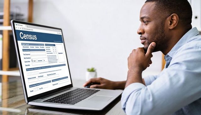 Man completing online census on laptop in home office with succulent and minimalist desk