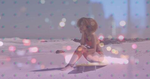 Sitting woman gazing at horizon on sunlit beach with surfboard and dreamy pastel bokeh