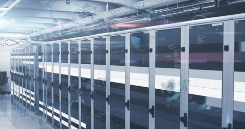 High-performance data center aisle with glass server cabinets and sleek overhead cabling