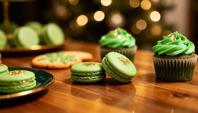 Green macarons and frosted cupcakes with gold sprinkles on wooden tabletop