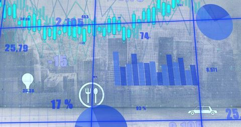Abstract Financial Graphs Overlaying Skyline Cityscape