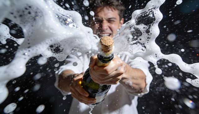 Man popping champagne bottle, foam splash and flying cork capturing festive celebration