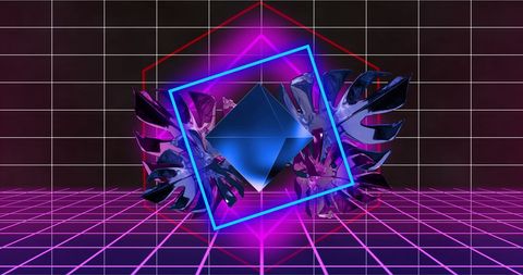 Futuristic neon geometric shapes on retro grid background