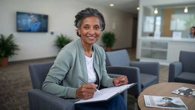 Smiling senior woman completing patient intake forms in modern clinic waiting room