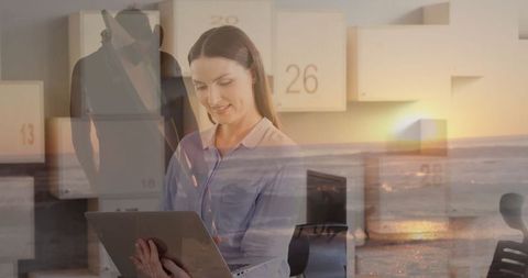 Businesswoman Using Laptop with Futuristic Ocean and Corporate Theme