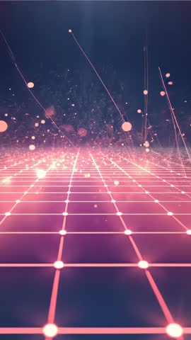 Vertical neon grid pulsing with drifting particles and rising beams for cyber tech loop