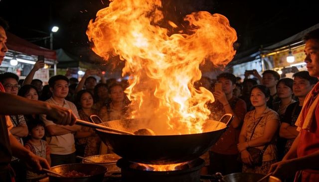 Night market flaming wok action: street chef flipping stir-fry while crowd records