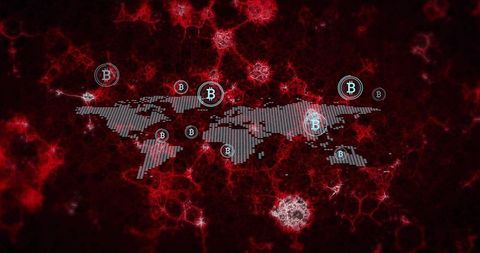 Digital Blockchain Global Connectivity with Bitcoin Sign on Stylized World Map